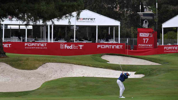 Michael Thompson of the United States hits an approach shot on the 17th hole during the final round of the 2022 Fortinet Championship at Silverado Resort and Spa North course in Napa, California.